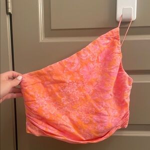 Zara Orange and Pink Floral Asymmetrical Top